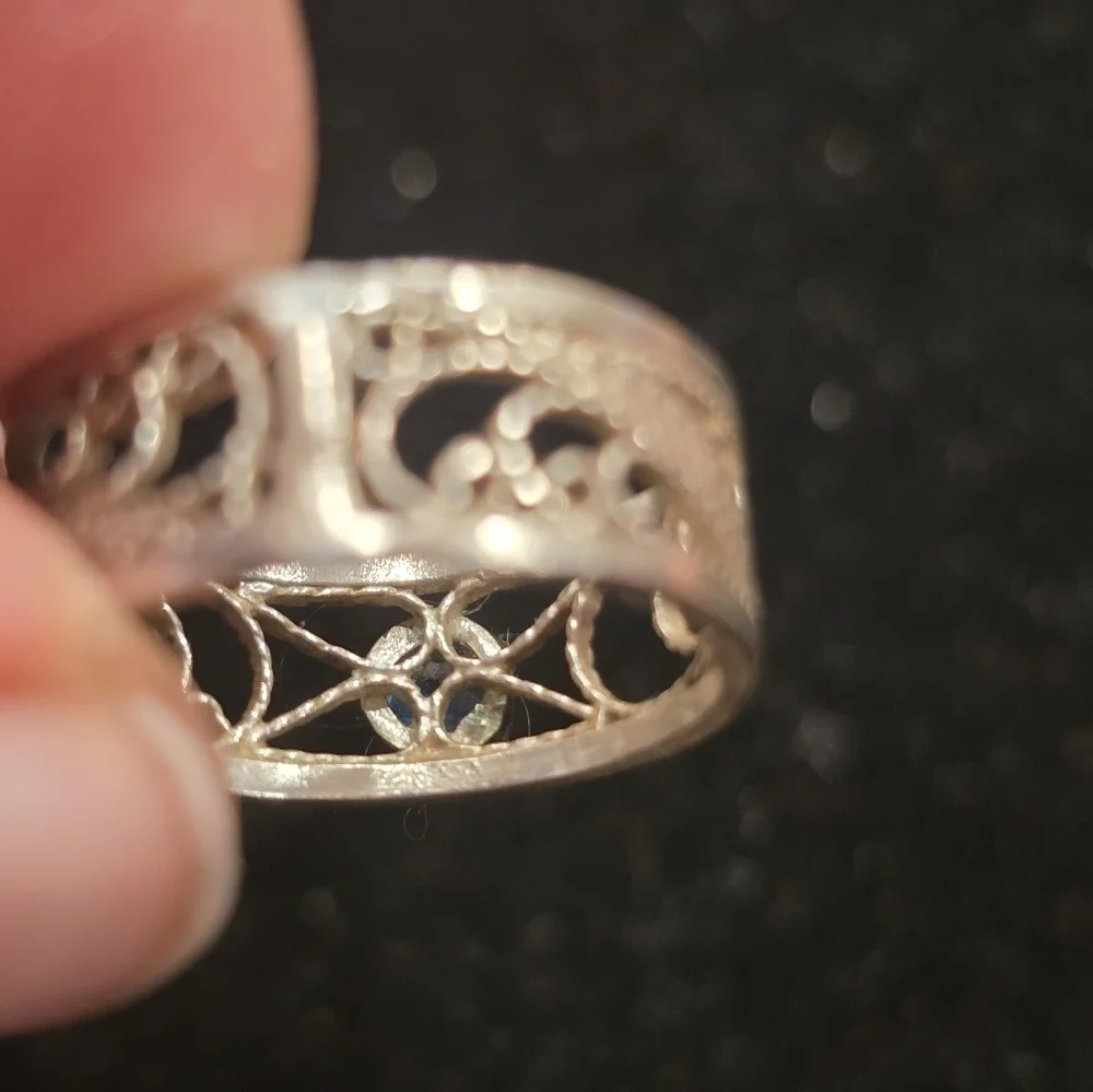 Blue Topaz And Sterling Silver Filigree Ring Size 6.75